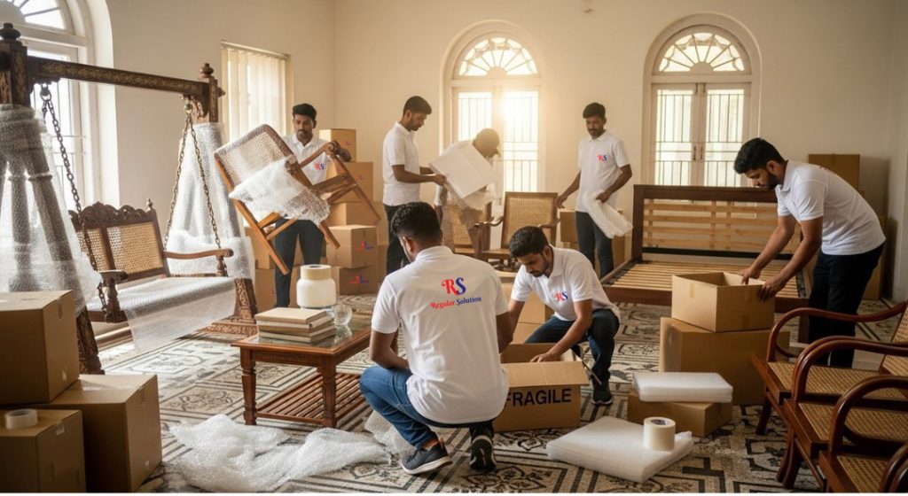Movers packing furniture carefully in Chennai home.