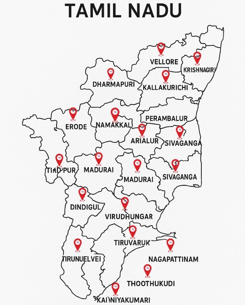 Map of Tamil Nadu showing packers and movers coverage areas.